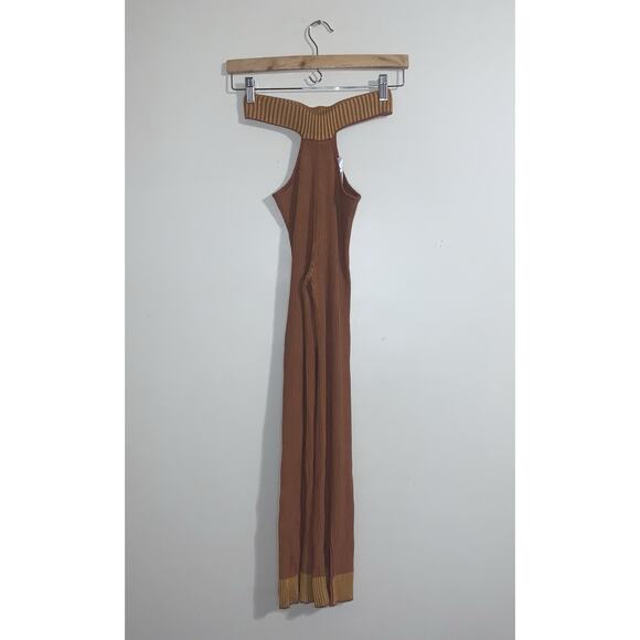 LES FRIDAY Ribbed Knit Waist Cut Out Bell Bottom Slit Pants Brown XS Stretch - Picture 2 of 10